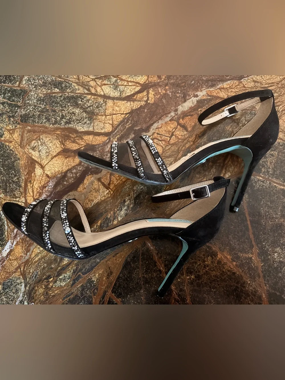 Betsy Johnson Black Embellished Open-Toe Heels